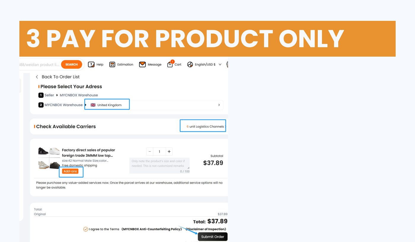 Pay product and domestic shipping first